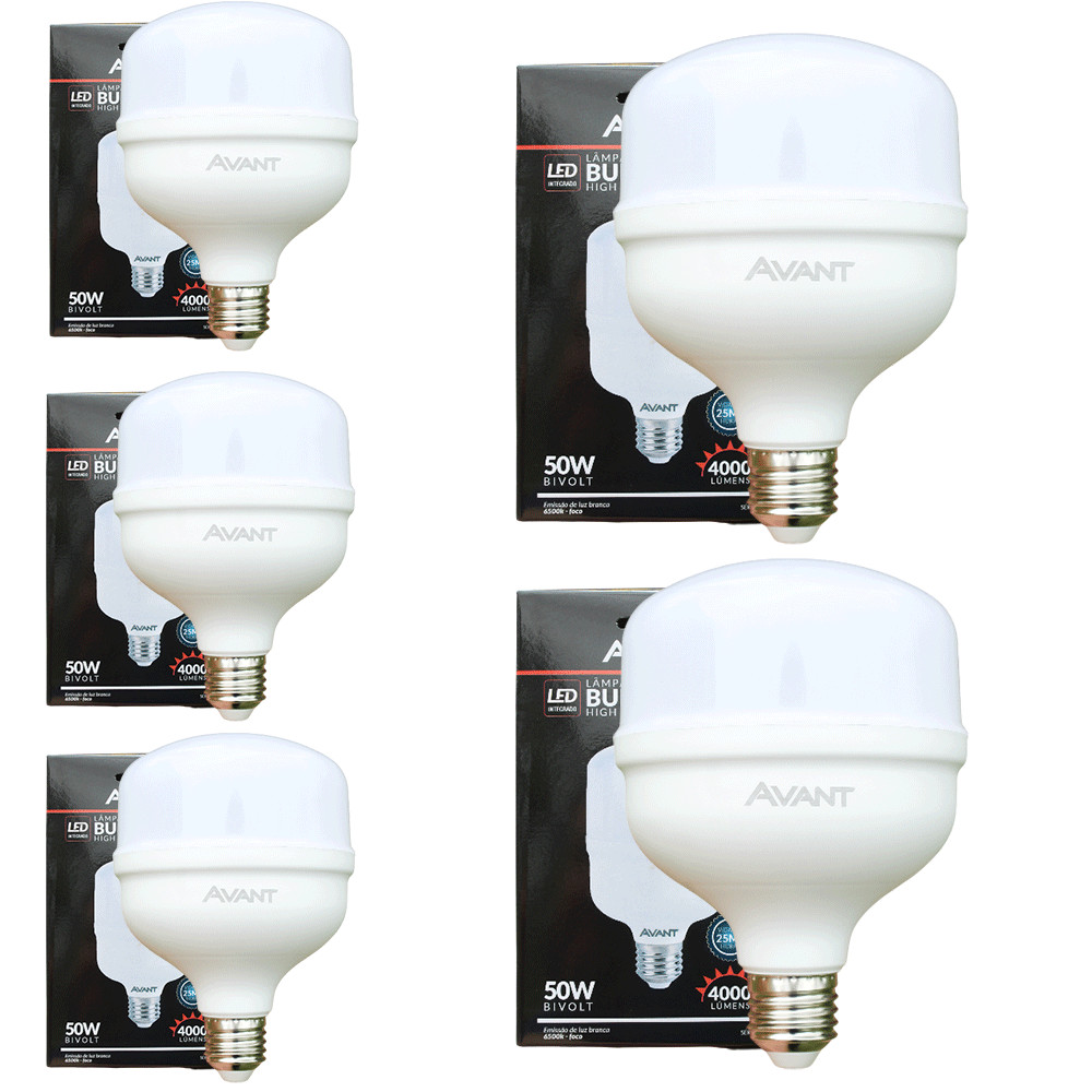 Kit 5 Lâmpadas LED Avant 50W High Power 4000lm Luz Branca 6500K Bivolt Base E27 Alta Iluminação