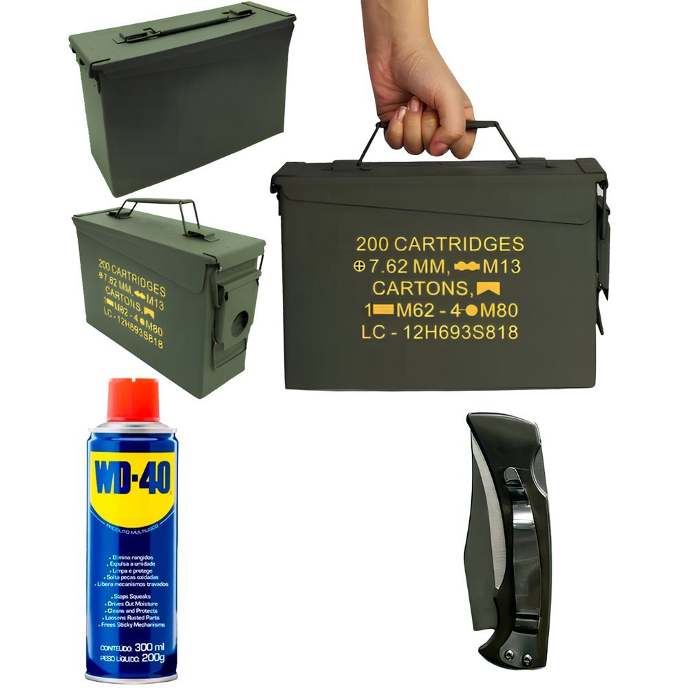 KIT 4 PEÇAS  2 CAIXA MILITAR AMMO BOX30 TAG + 1 DESENGRIPANTE WD-40 + 1 CANIVETE INOX