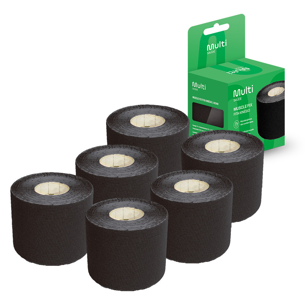 Kit 6 Fitas Kinésio Muscle Fix 5x500cm Preto Multi Saúde - HC040K