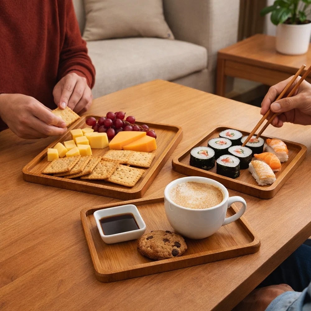 Conjunto 4 Unidades Petisqueira Quadrada Madeira Kit Aperitivos Amendoim Queijo Bandeja Servir Achadinhos