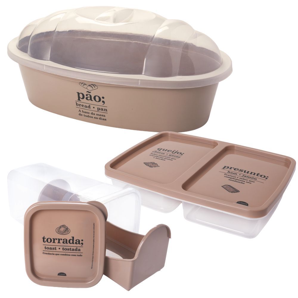 Kit Porta Pães, Porta Torradas com Gaveta Deslizante e Porta Frios com Divisória 3 peças Bege Plasutil