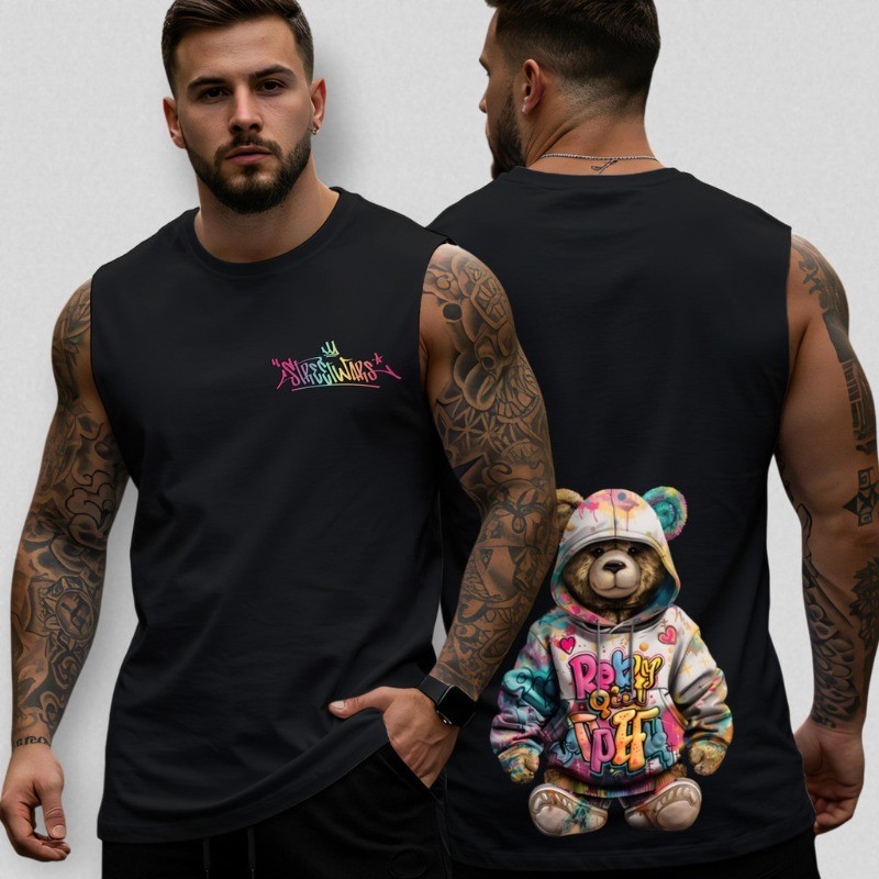 Regata Oversized Masculina Urso Colorido 47 Camiseta Longline Algodão Estampa Treino Academia Casual Confortável