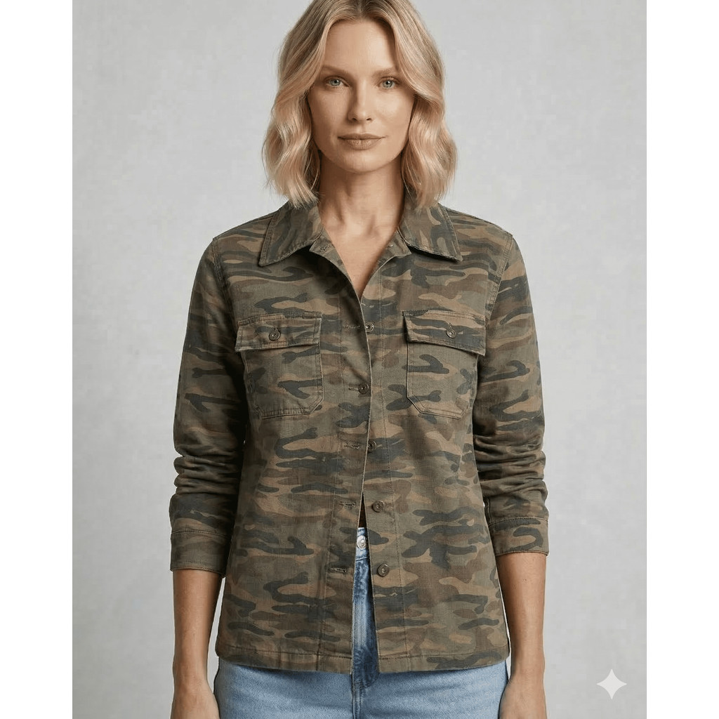 Camisa Feminina Sarja Lycra Camuflado Militar Bege Manga Longa com Bolsos Dia a Dia Casual Eventos