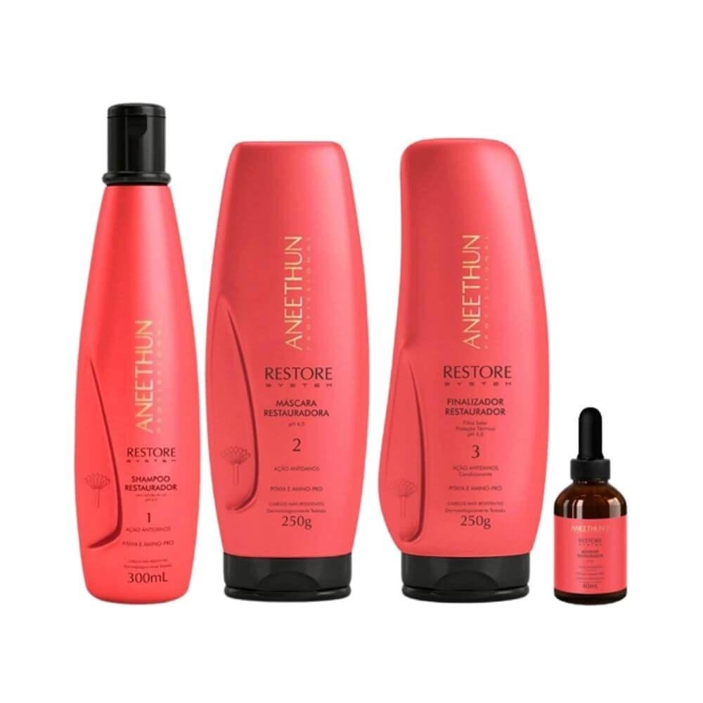 Aneethun Restore Shampoo Restaurador 300ml + Máscara Restauradora 250g + Finalizador Restaurador 250g + Booster 40ml