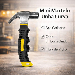 Mini Martelo Compacto Unha Curva Aço Carbono Cabo Emborrachado Fibra de Vidro Profissional