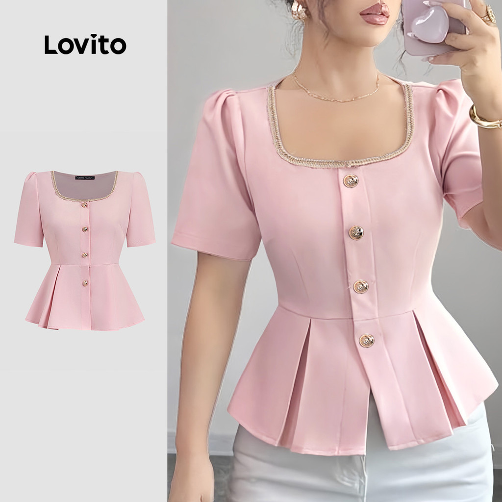 Lovito Blusa elegante pérolas botão plissado primavera/verão blusa rosa para mulheres LK3ED099
