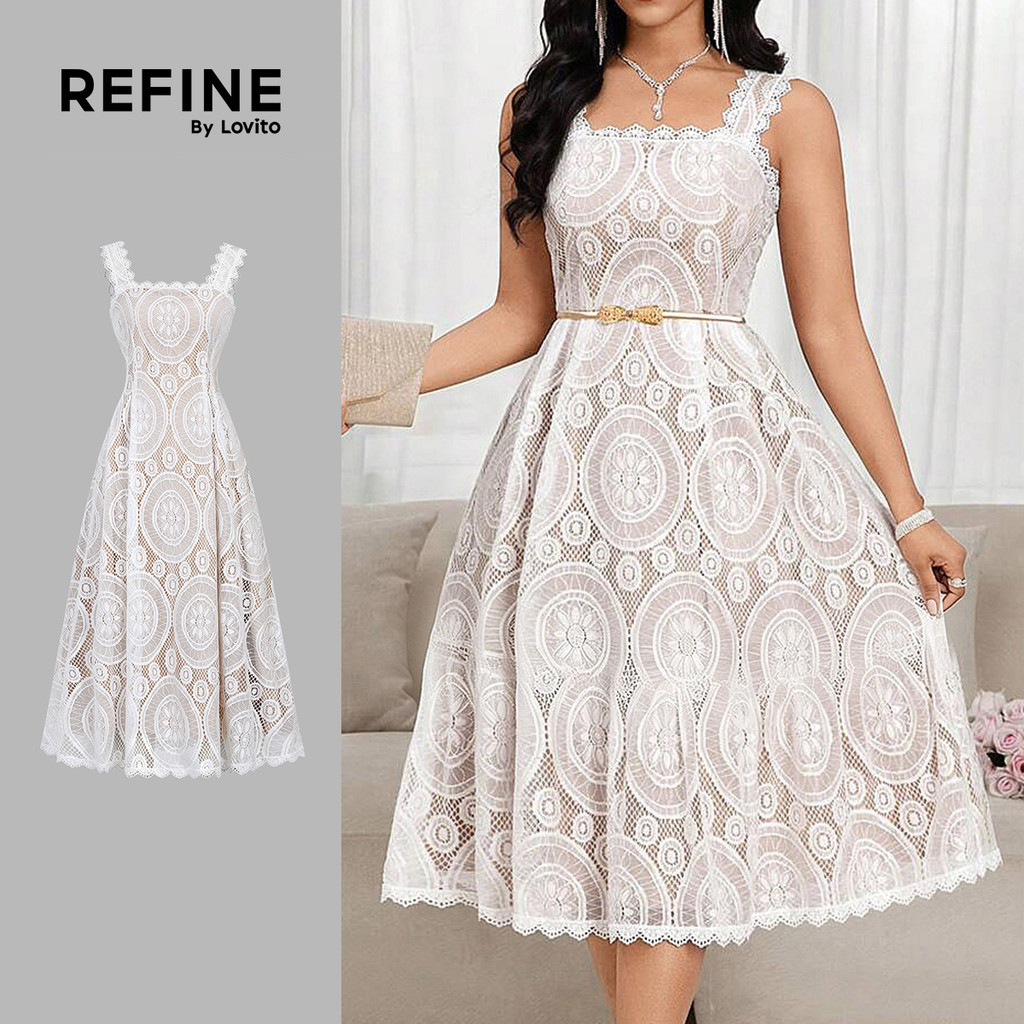 (Lovito Refine) Vestido Elegante de Renda de Dupla Camada Primavera/verão Branco para mulheres LR35L137