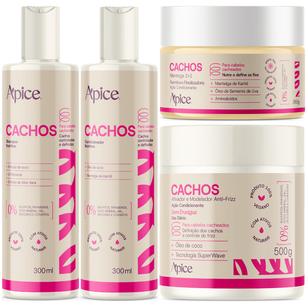 Kit Ápice Cachos Shampoo + Condicionador + Manteiga + Ativador Tratamento Completo Vegano Cacheado