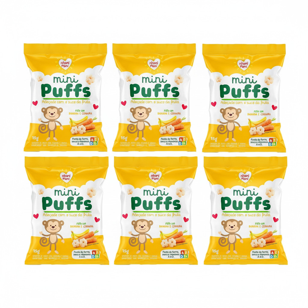 Kit Biscoito de Arroz Mini Puffs Banana e Cenoura Nhami Mami - 6 unidades de 15g