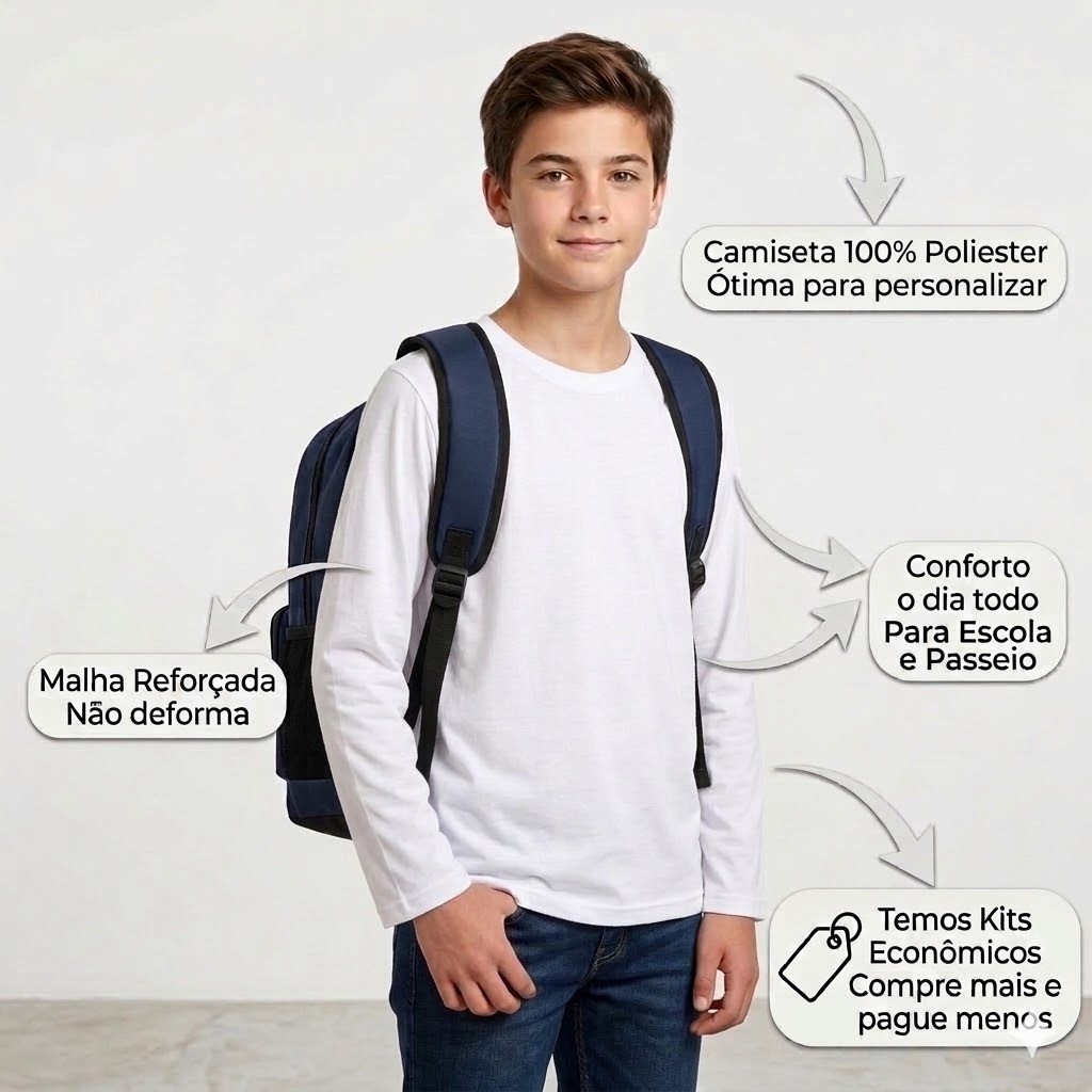 2 Camisetas Infantis Manga Longa Branca Básica Poliéster Não Amassa Escolar Uniforme Sublimação