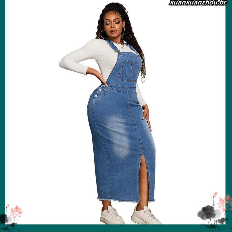 Jardineira Saia Jeans Evangélica - Com Elastano - Moda Virtuosa