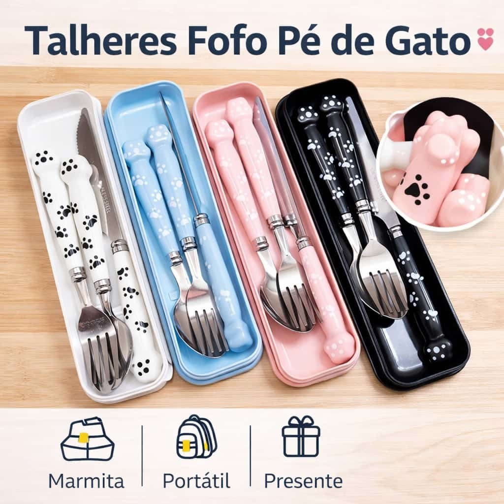 Kit Talheres Inox 3 Peças com Estojo Portátil Marmita Design Pé de Gato Fofo