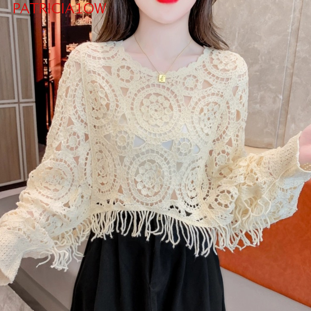PATRICIA1OW Blusas Vazadas De Malha Com Borlas , Camisa Solta Floral Transparente De Mangas Compridas , Gancho