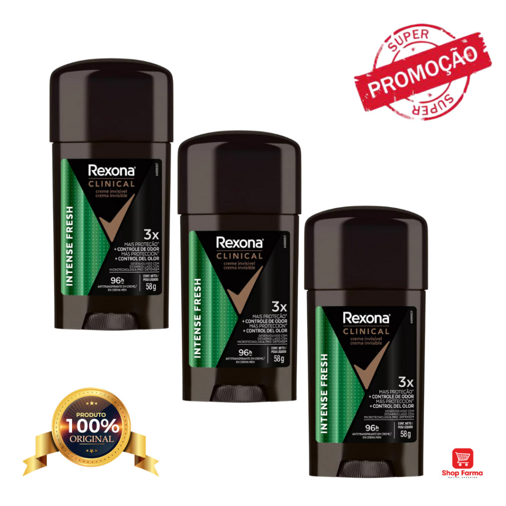 KIT 3 X Desodorante Antitranspirante Rexona Clinical Creme Intense Fresh 96h com 58g