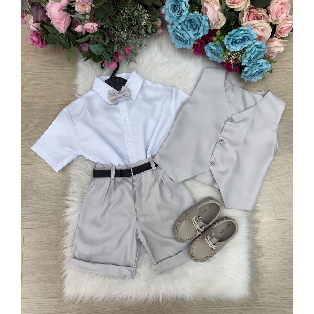 Conjunto Social Infantil Masculino Colete Shorts  Cinza Claro Casamento Pagem Formatura Noivinho