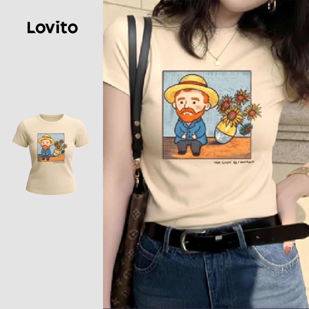 Lovito Camiseta Casual Bonito Van Gogh e Girassóis Primavera/Verão Pêssego para Mulheres LFI1ED023 em Oferta na Shopee