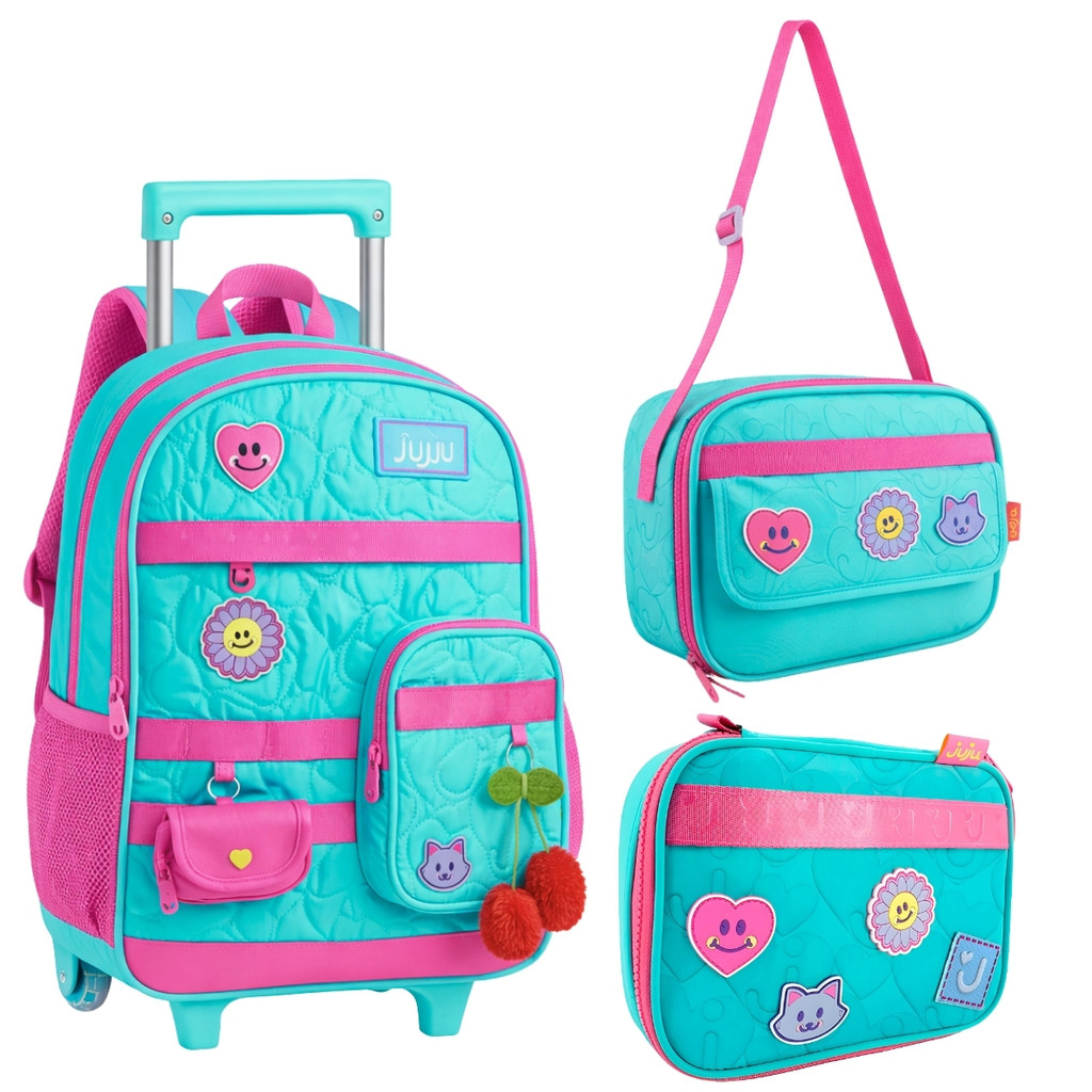 Kit Mochila De Rodinhas Juju Teófilo Com Lancheira Térmica E Estojo Box Pra 36 Pens Escolar Infantil Volta Às Aulas Clio