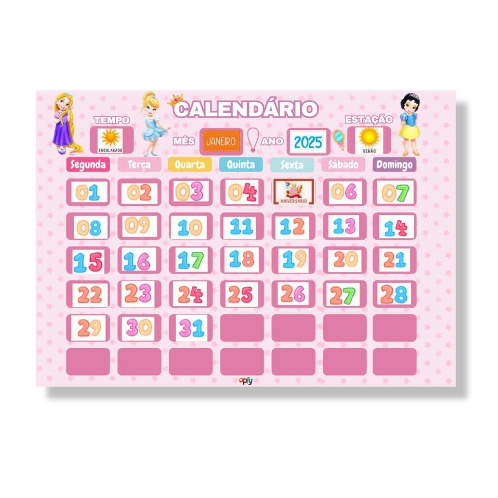 Quadro Educativo Infantil Calendário Interativo Tema Princesas