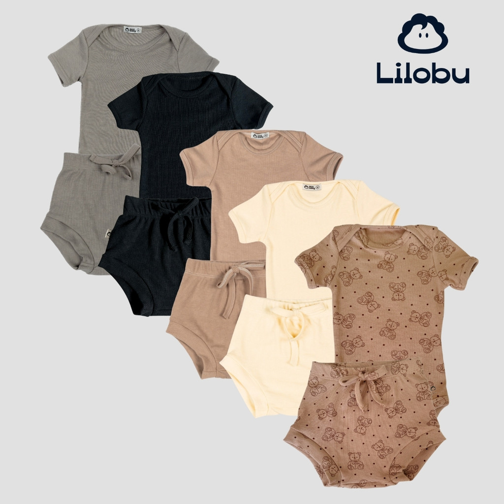 Kit bebê 5 conjuntos body manga curta e short canelado super macio e confortável verão 05k5c1