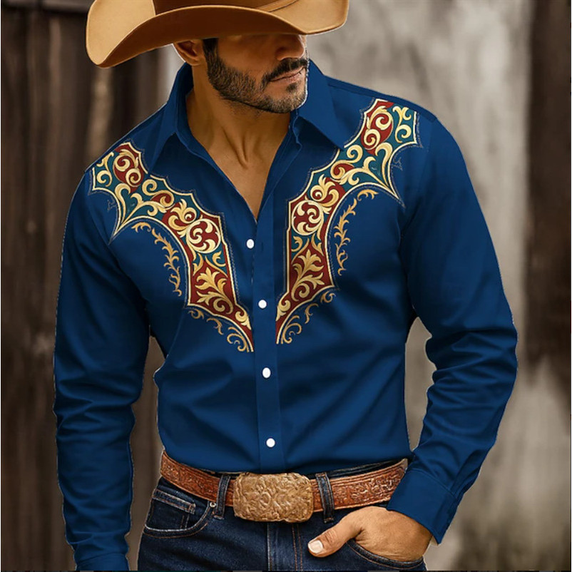 Nova camisa masculina de manga comprida 3d impresso Cardigan camisa estilo étnico Retro padrão Casual camisa masculina