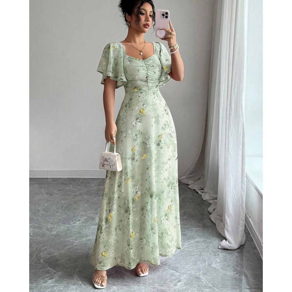 vestido longo feminino roupa feminina vestido plus size Verão folha de lótus manga impressa vestido elegante Slim fit