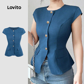 Lovito  Blusa Casual Botão Bolso Falso Azul Blusa para Mulheres L171AD083 em Oferta na Shopee