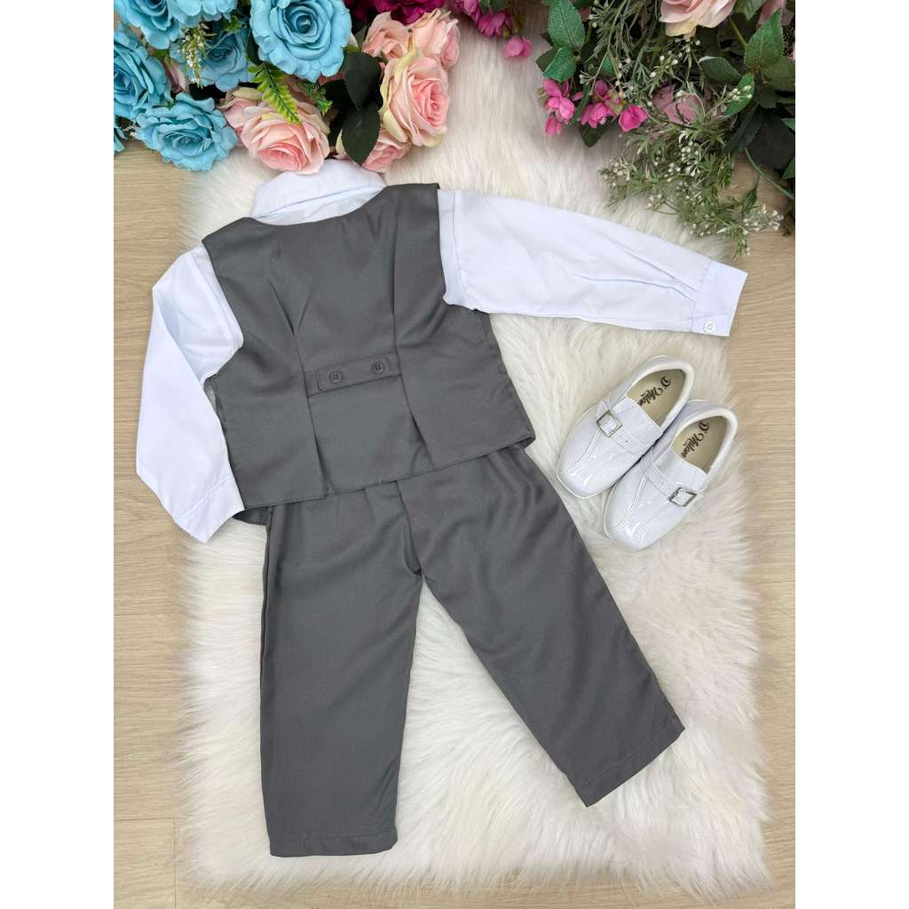 Conjunto Social Infantil Menino Colete Calça Gravata Cinza Pajem