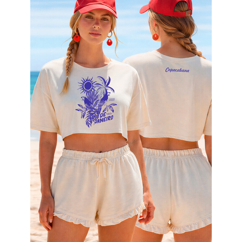 Cropped Rio De Janeiro Frente e Costa Oversized Feminina 100% Algodão Ombro Caído Blusinha Carnaval Academia Caminhada