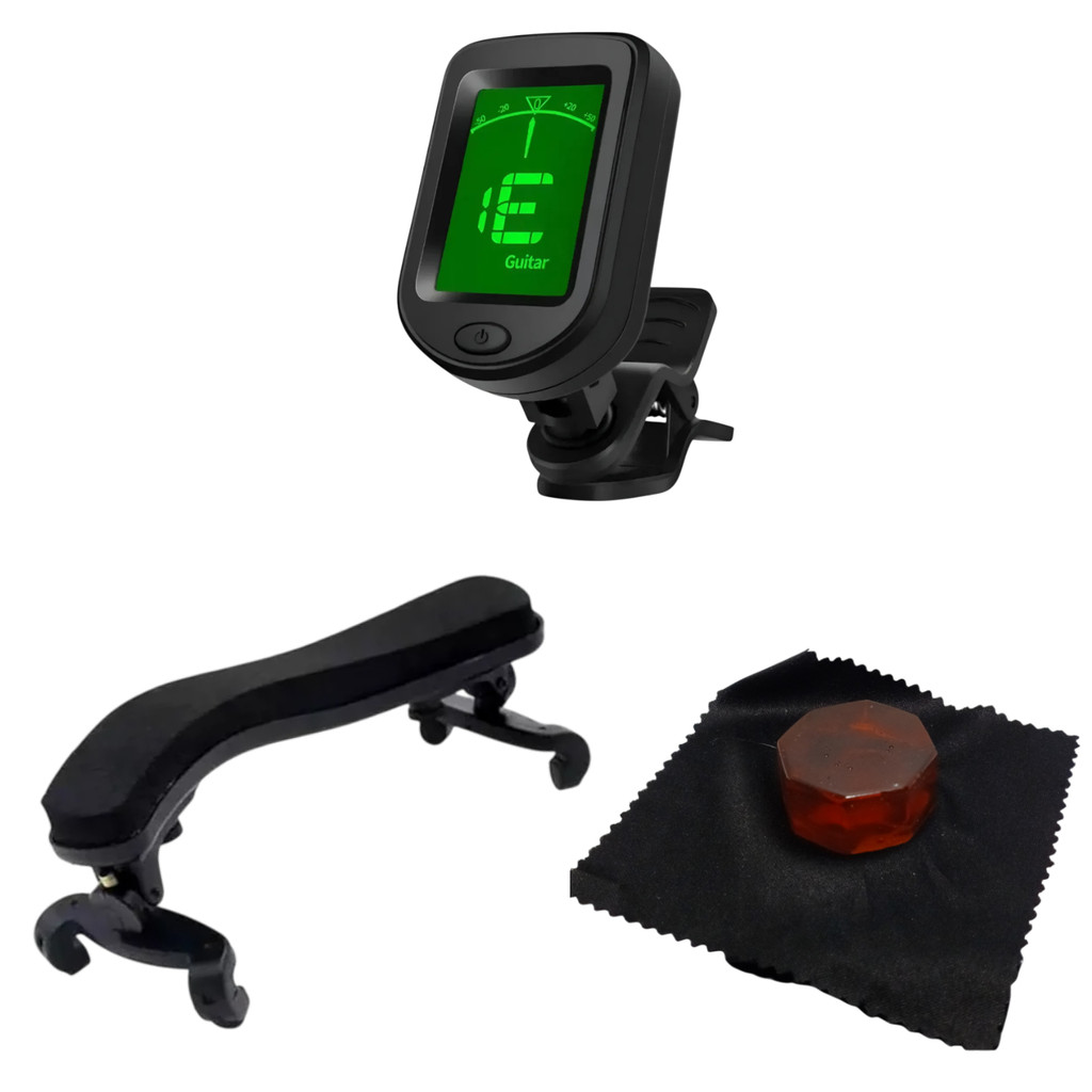 Kit para Violino 3/4 4/4 com Afinador Digital + Espaleira Anatômica Regulável + Breu claro