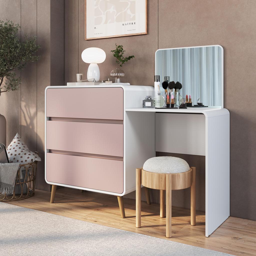 Cômoda Penteadeira Multifuncional com Espelho e 3 Gavetas Grande para Quarto Estilo Retrô