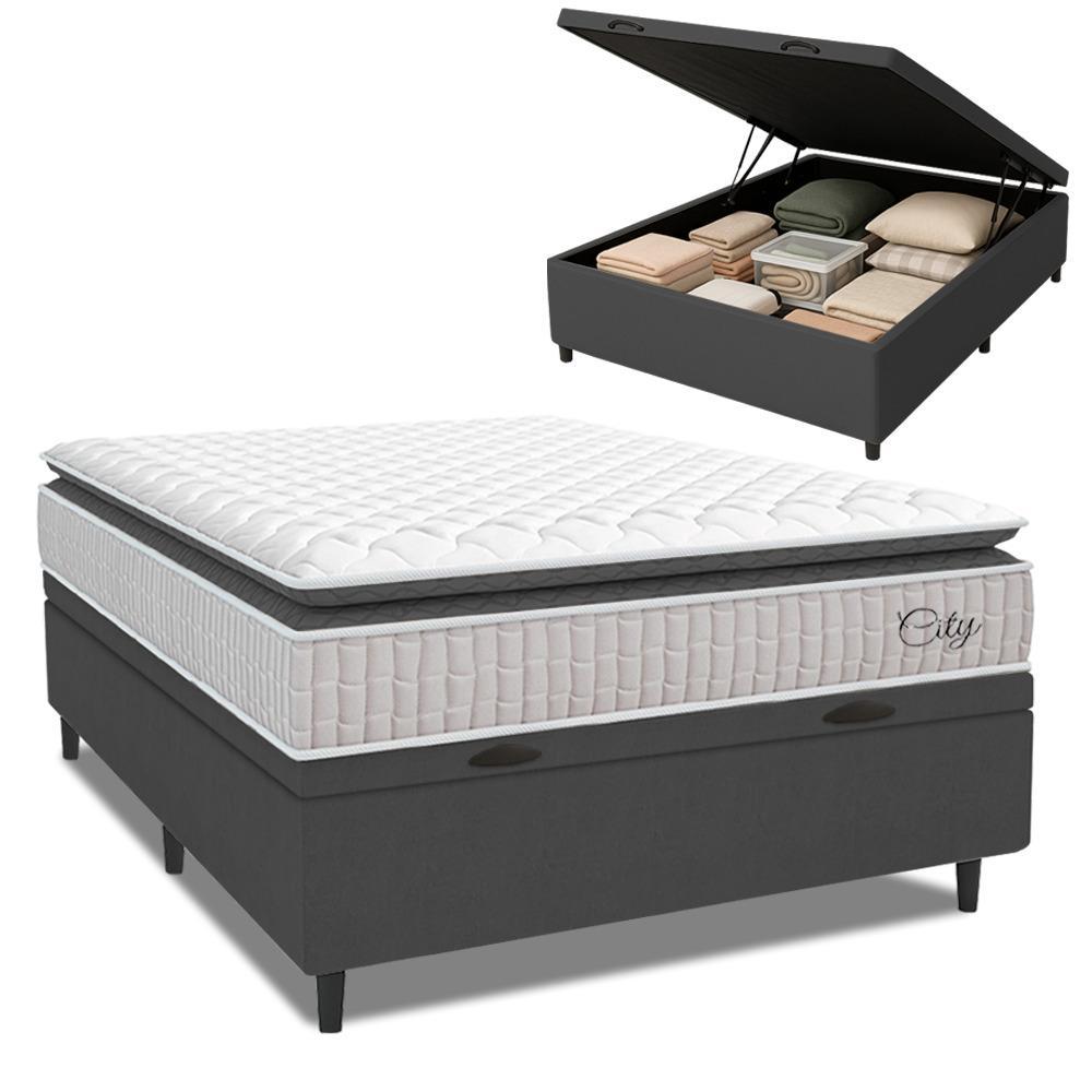 Imagem Cama Box Baú Colchão Casal Molas Ensacadas City Pillow Top 138x188x64cm Branco / Cinza Hellen