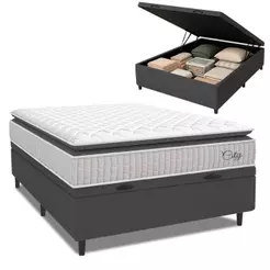 Cama Box Baú Colchão Casal Molas Ensacadas City Pillow Top 138x188x64cm Branco / Cinza Hellen