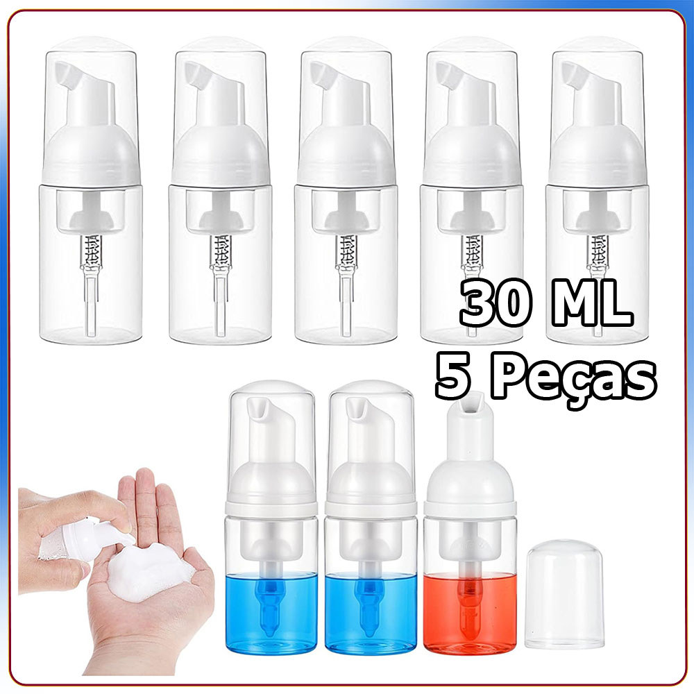 5x Frascos com bomba de espuma de plástico frascos de espuma recarregáveis adequados para limpeza viagem cosméticos 30ml