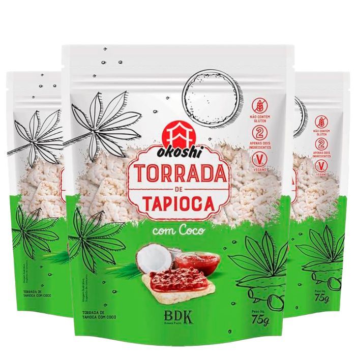 Kit Torrada de Tapioca com Coco Sem Glúten Okoshi - 3 Unidades 75g em Oferta na Shopee