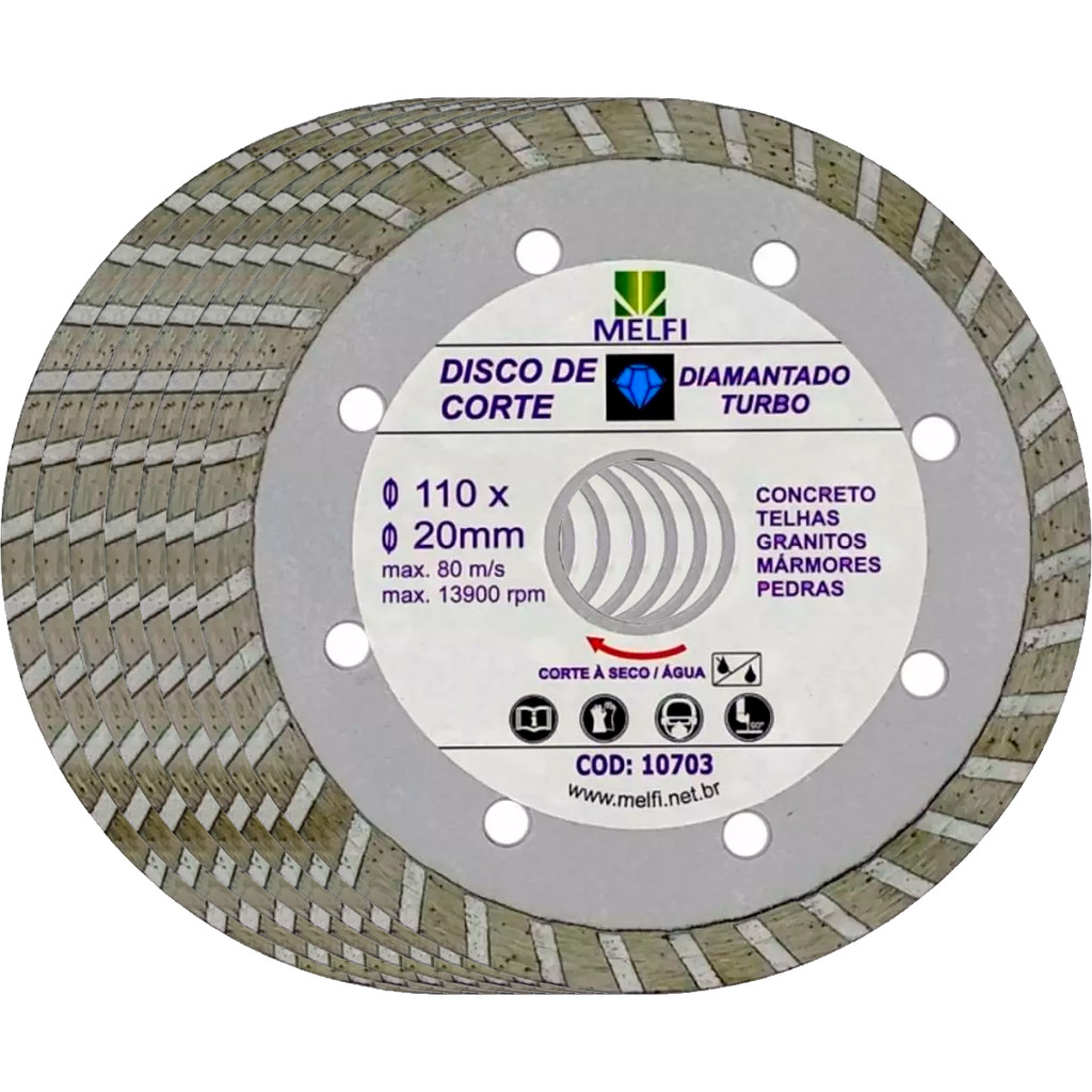 Kit 10 Disco Diamantado Turbo Eco 110x20mm Melfi Para Cerâmica Porcelanato Concreto