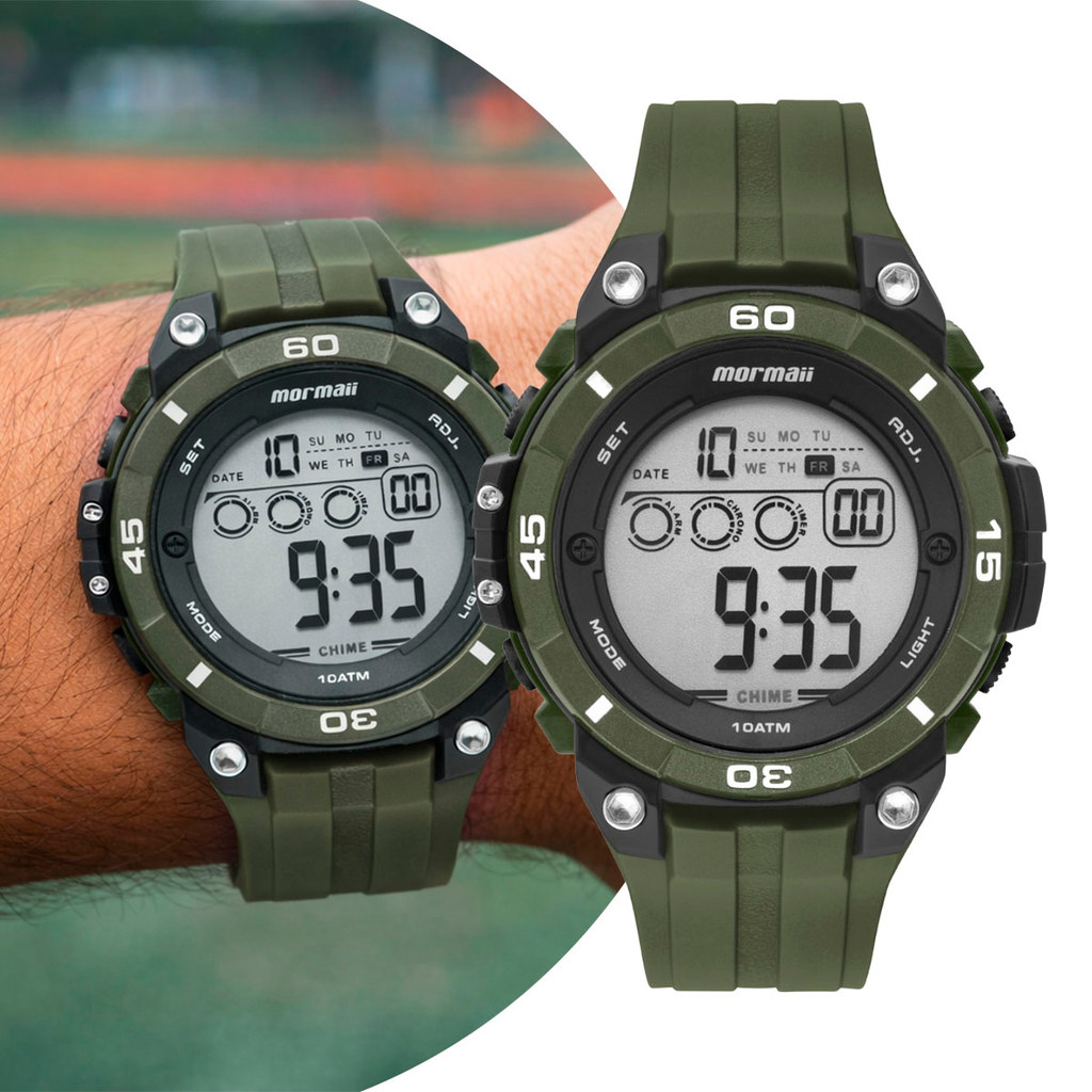 Relógio Masculino Digital de Pulso Pulseira de Silicone à Prova D' Água Verde Militar Tático Shock Mormaii Original