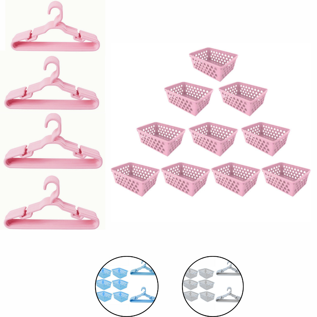 Kit 20 cabides infantil e 10 cestos organizador rosa branco azul bebe guarda roupa