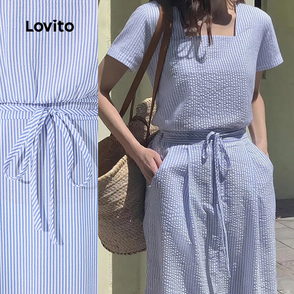 Lovito Vestido Casual Azul De Férias Com Espartilho E Amarração Na Cintura Primavera/verão Para Mulheres L154LD358 em Oferta na Shopee