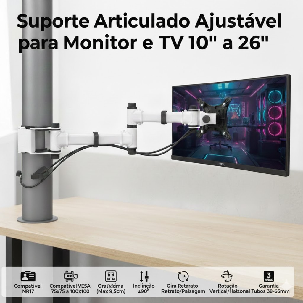 BRAÇO SUPORTE EM GARRA PARA TV/MONITOR PARA TELAS DE 10 A 32 POLEGADAS IDEAL PARA CADEIRAS MACAS HOSPITAL