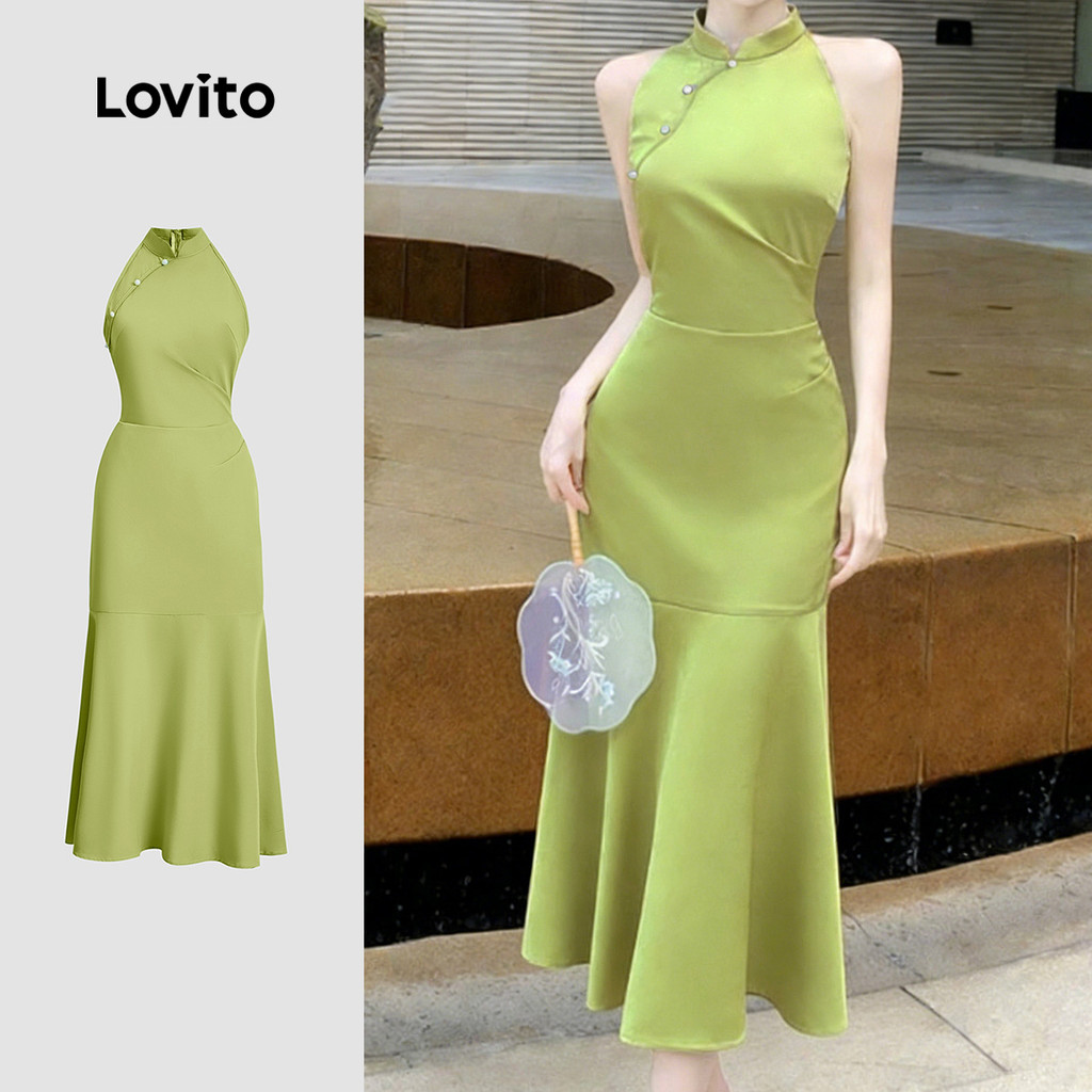 Lovito Vestido Elegante com Fecho de Zíper Primavera/verão Verde para Mulheres L167LD064 em Oferta na Shopee