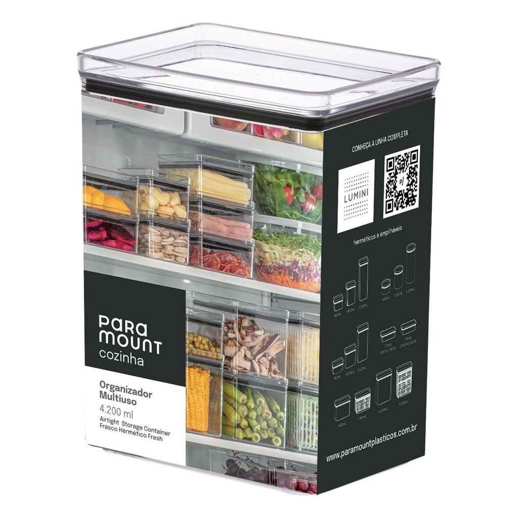 Organizador Multiuso Hermético Lumini 4.200 Ml Empilhável Para Geladeira E Cozinha Organizada