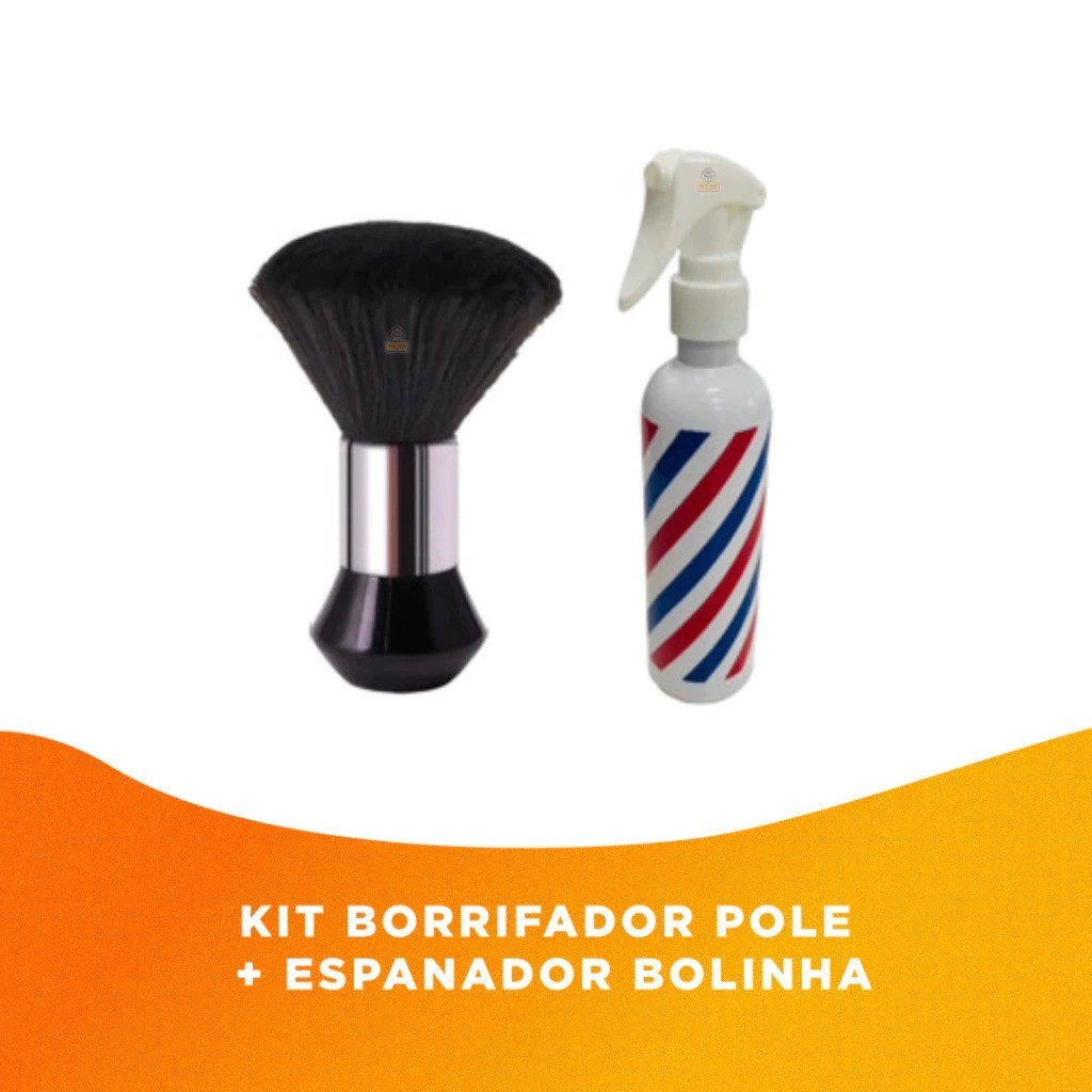 Kit Borrifador Pole Listrado + Espanador Preto Para Barbeiro Cabeleireiro