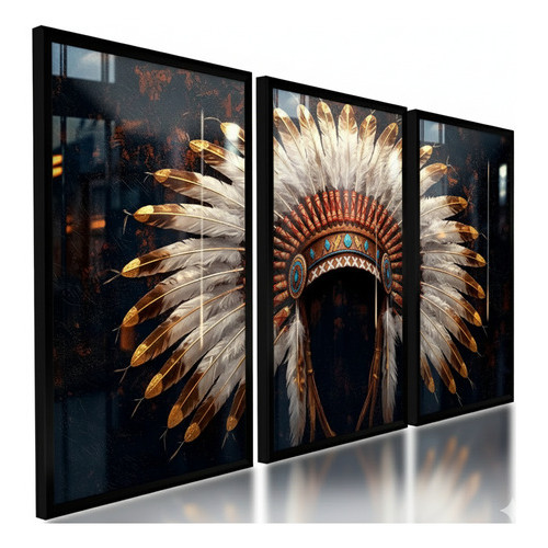 Quadros Decorativos Cocar Indígena Índio Temático Gootdecor Borda Preta Mdf