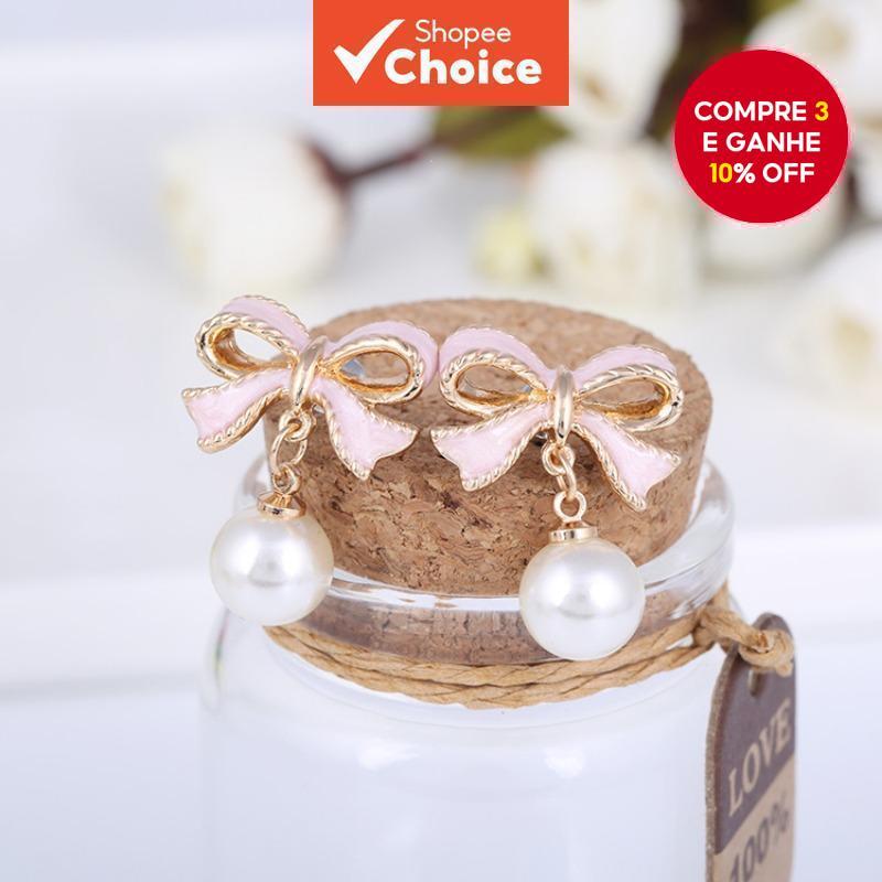 Brinco de clipes com laço de esmalte e pérolas imitação, sem furos, joias elegantes para mulheres. em Oferta na Shopee