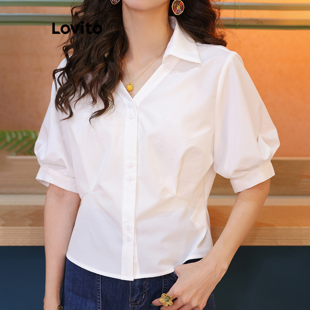 Lovito Blusa Casual Blusa Plissada Lisa Para Mulheres LNE73710 em Oferta na Shopee