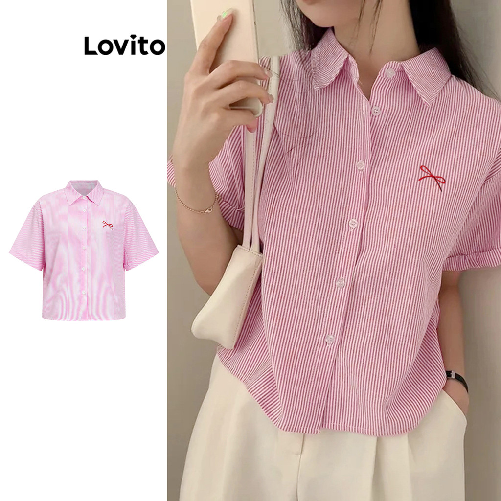 Lovito Blusa Casual Listrada Com Botões E Laço Para Mulheres LAD106666 em Oferta na Shopee