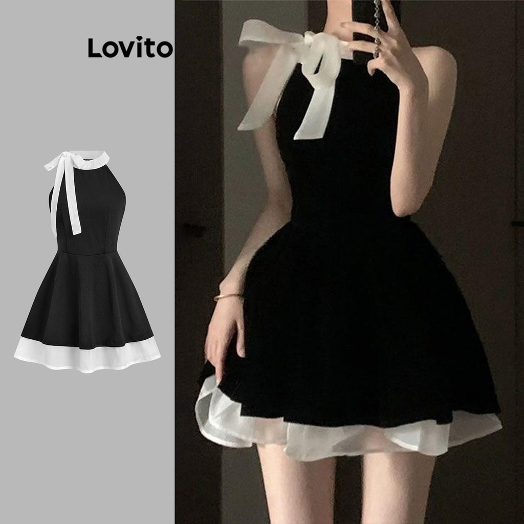 Lovito Vestido Casual Liso Colorblock Com Cadarço Para Mulheres LNM68402 em Oferta na Shopee