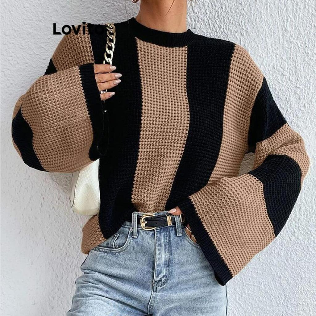 Lovito Suéter Casual Listrado Colorblock Para Mulheres LNL55321 em Oferta na Shopee