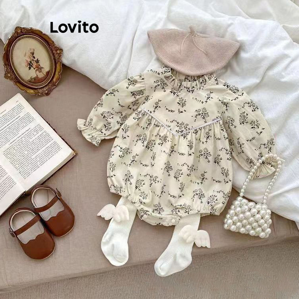 Lovito Body elegante com estampa floral plissada e franzida para bebê LNA96001 em Oferta na Shopee