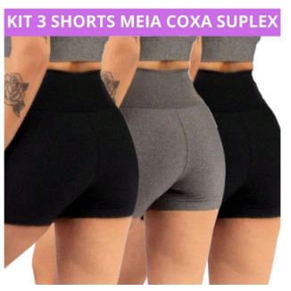 Kit 3 Short Legging Meia Coxa Feminino Curto Bermuda Suplex Cintura Alta Levanta Bumbum Fitness Academia
